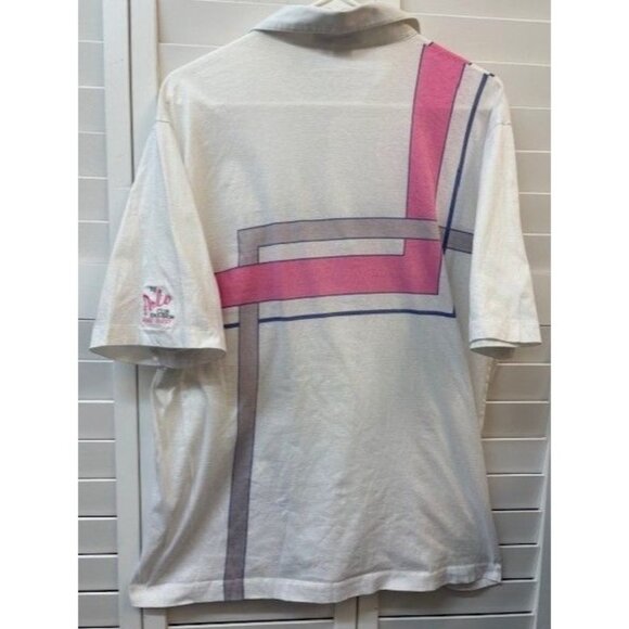 Vintage Mark Scot Collection Polo Shirt L Pink & White Geometric Print - Picture 2 of 6